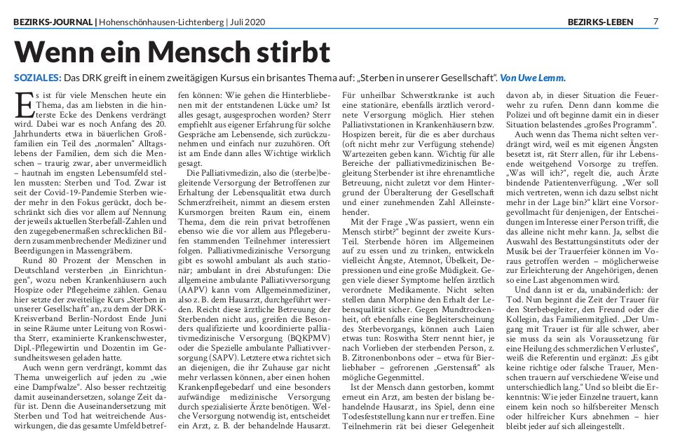 Bild des Artikels "Wenn ein Mensch stirbt" von Dr. Uwe Lemm, veröffentlicht im Bezirks-Journal Hohenschönhausen-Lichtenberg in der Ausgabe Juli 2020 auf Seite 7.